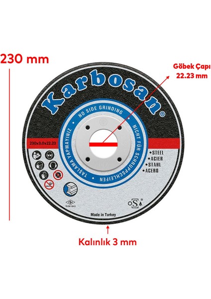 Karbosan Metal Kesici Taş Disk Taşlama Spiral Demir Kesme Diski 230X3.0X22.23 mm