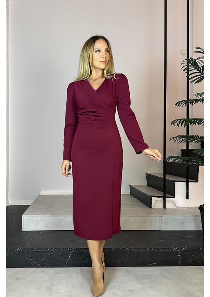 G0749 V Yaka Drape Detaylı Kalem Elbise Bordo