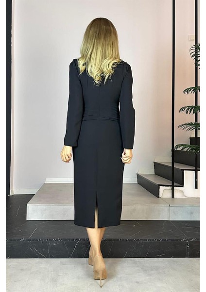 G0749 V Yaka Drape Detaylı Kalem Elbise Siyah