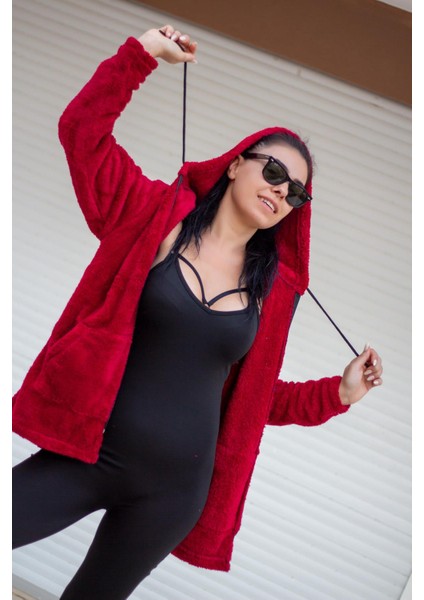 Kadın Kırmızı Peluş Kalın Fermuarlı Kapüşonlu Cepli Ceket 23KCKTMY50 fırsatları