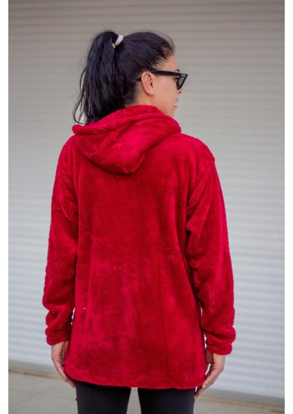 Kadın Kırmızı Peluş Kalın Fermuarlı Kapüşonlu Cepli Ceket 23KCKTMY50 indirimleri