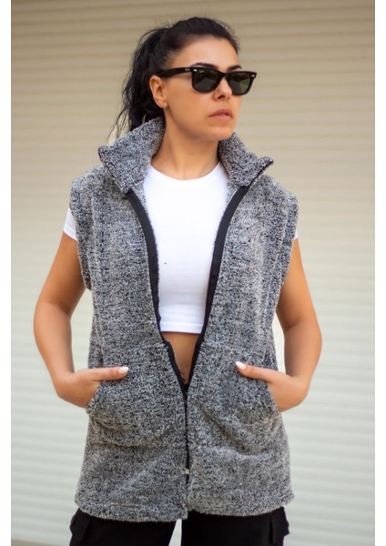 Kadın Gri Peluş Welsoft Kalın Fermuarlı Hakim Yaka Yelek 23KYLKMY10