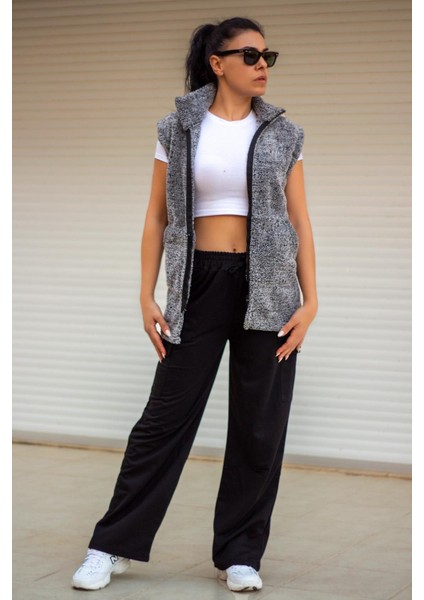 Kadın Gri Peluş Welsoft Kalın Fermuarlı Hakim Yaka Yelek 23KYLKMY10 modelleri