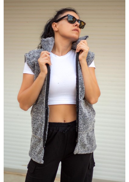 Kadın Gri Peluş Welsoft Kalın Fermuarlı Hakim Yaka Yelek 23KYLKMY10 fırsatları