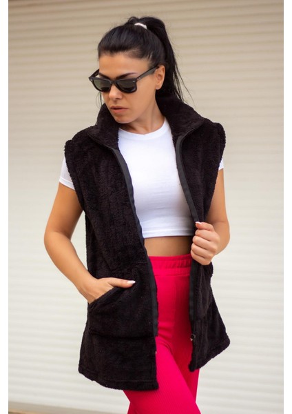 Kadın Siyah Peluş Welsoft Kalın Fermuarlı Hakim Yaka Yelek 23KYLKMY10