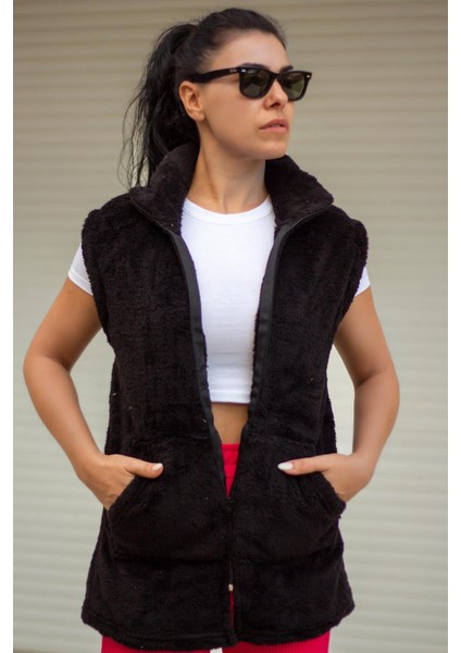 Kadın Siyah Peluş Welsoft Kalın Fermuarlı Hakim Yaka Yelek 23KYLKMY10 modelleri