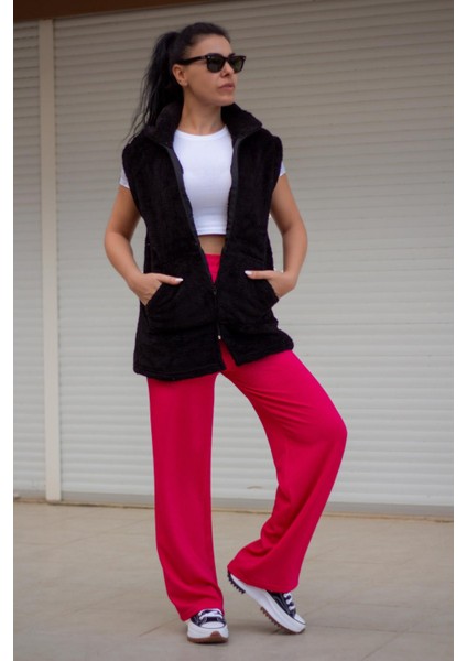 Kadın Siyah Peluş Welsoft Kalın Fermuarlı Hakim Yaka Yelek 23KYLKMY10 indirimleri