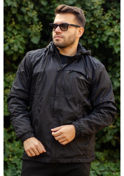 Erkek Siyah Suya Dayanıklı Rüzgar Geçirmez Çıkarılabilir Kapüşonlu Balıkçı Motorcu Mont 23EMNTR860