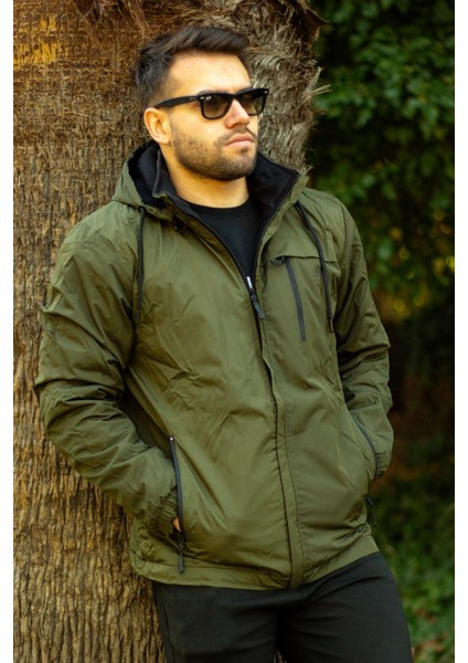 Erkek Haki Suya Dayanıklı Rüzgar Geçirmez Çıkarılabilir Kapüşonlu Balıkçı Motorcu Mont 23EMNTR860