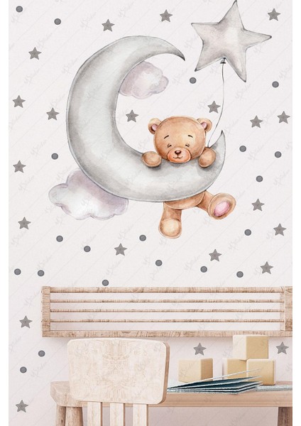 Ayda Sallanan Sevimli Ayıcık Puantiye ve Yıldızlar Çocuk Bebek Odası Sticker Seti fiyatları