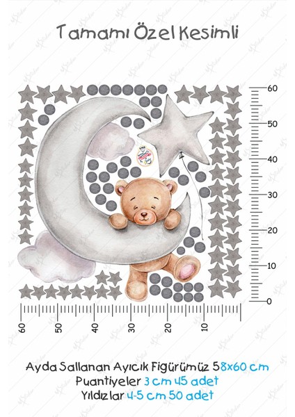 Ayda Sallanan Sevimli Ayıcık Puantiye ve Yıldızlar Çocuk Bebek Odası Sticker Seti modelleri