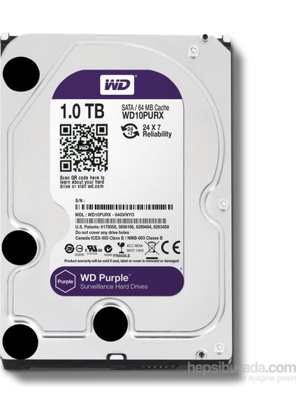 1 Tb Wd 3.5 Purple Sata3 5400RPM 64MB 7/24 Guvenlık WD10PURZ (3 Yıl Resmı Dıst Garantılı)