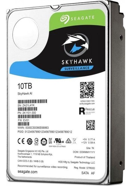 10 Tb Seagate 3.5 Skyhawk Sata 7200RPM 256MB 7/24 Guvenlık ST10000VE001 (Resmı Dıst Garantılı)