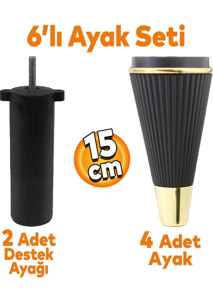 Iron 6'lı Set Mobilya Tv Ünitesi Çekyat Koltuk Kanepe Destek Ayağı 15 Cm Siyah Ayakları M8 Civatalı