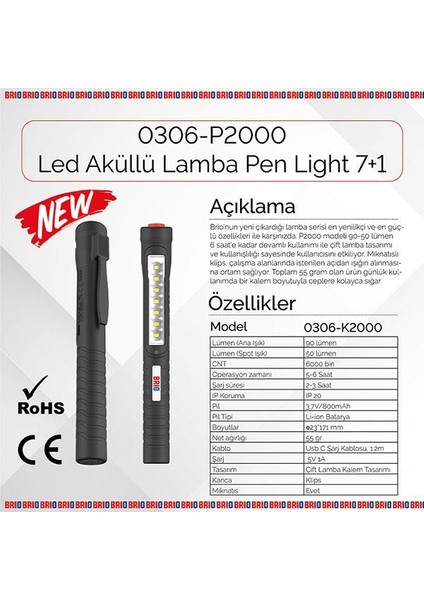 Mıknatıslı Kalem Led Lamba Micro Usb Girişli Oto Tamirci Lambası, El Feneri 7 + 1 Kalem Lamba