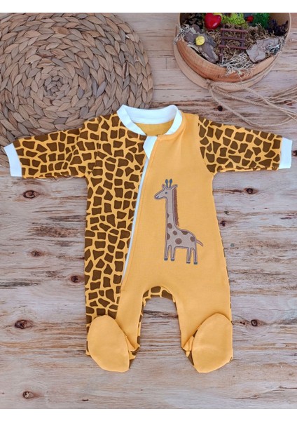 Boy Fermuar Zürafa Nakışlı Bebek Tulum
