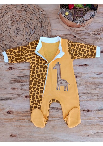 Boy Fermuar Zürafa Nakışlı Bebek Tulum