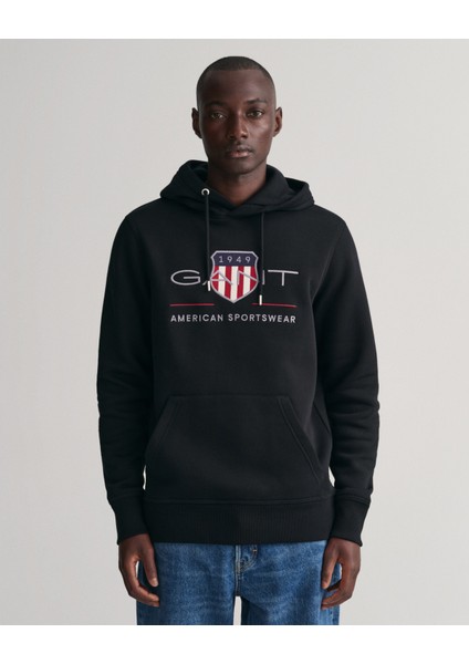 Erkek Siyah Regular Fit Kapüşonlu Logolu Sweatshirt 2047082.5