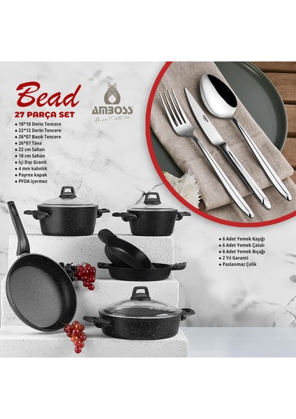 Bead 27 Parça Döküm, Granit Tencere ve Paslanmaz Çelik Çatal Bıçak Kaşık Takımı