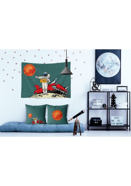 Go To Mars Yeşil Duvar Örtüsü Ve Çift Taraflı Kırlent Takım (2'Li) - 100 x 140