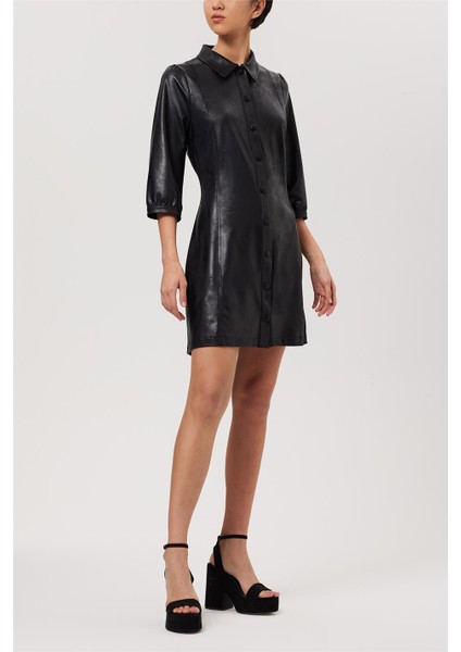 Kadın Siyah Deri Görünümlü Gömlek Yaka Önden Çıtçıtlı Kuplu Elbise fiyatları