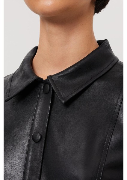 Kadın Siyah Deri Görünümlü Gömlek Yaka Önden Çıtçıtlı Kuplu Elbise modelleri