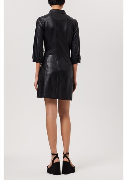 Kadın Siyah Deri Görünümlü Gömlek Yaka Önden Çıtçıtlı Kuplu Elbise fırsatları