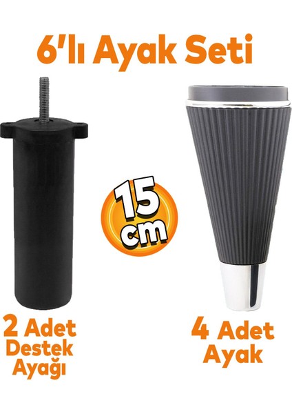 Iron 6'lı Set Mobilya Tv Ünitesi Çekyat Koltuk Kanepe Destek Ayağı 15 Cm Siyah Ayakları M8 Civatalı