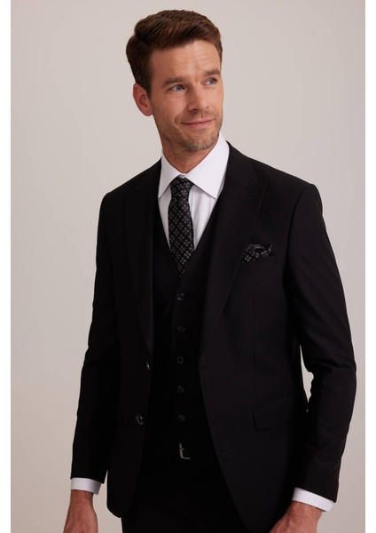 Erkek Siyah Slim Fit Yelekli Sivri Yaka Takım Elbise fırsatları