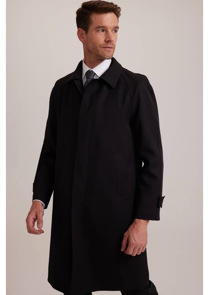 Erkek Siyah Regular Fit Gabardin Pardesü