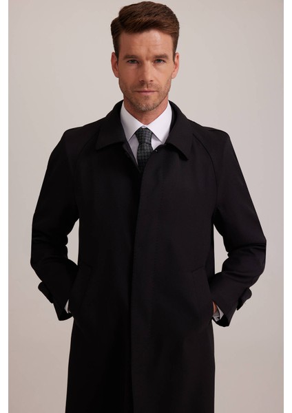 Erkek Siyah Regular Fit Gabardin Pardesü