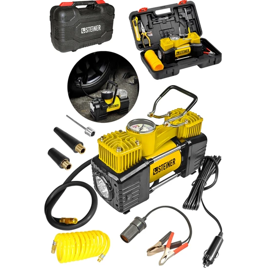 Steiner Alman Profesyonel 12V Çift Pistonlu 150 Psi Işıklı Araç Araba Lastik Bot Şişirme Kompresörü Full Set