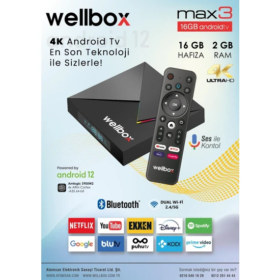 Wellbox Max3 Android TV Box Android 12 Sesli Komut 2gb Ram 16GB Hafıza