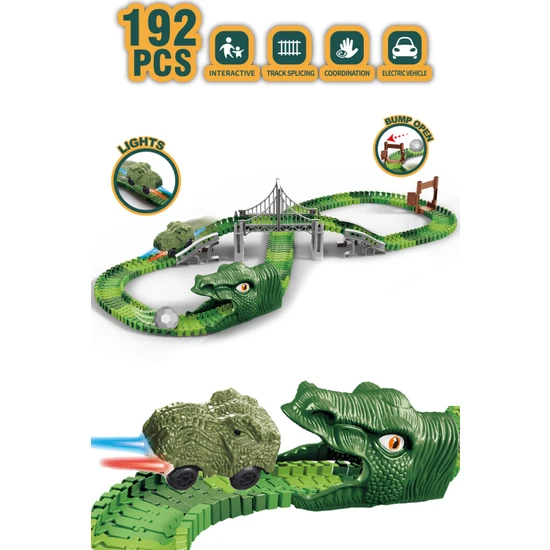 Kayyum Oyuncak Dinosour Tracks 192 Parça Dinozor Temalı Hareketli Raylar Dinozor Araçlı Köprülü