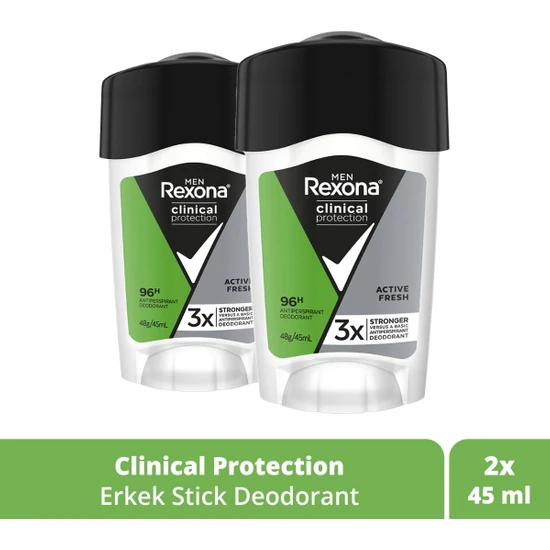 Rexona Men Clinical Protection Stick Deodorant Active Fresh 96 Saate Kadar Koruma 45 ml x 2 Adet