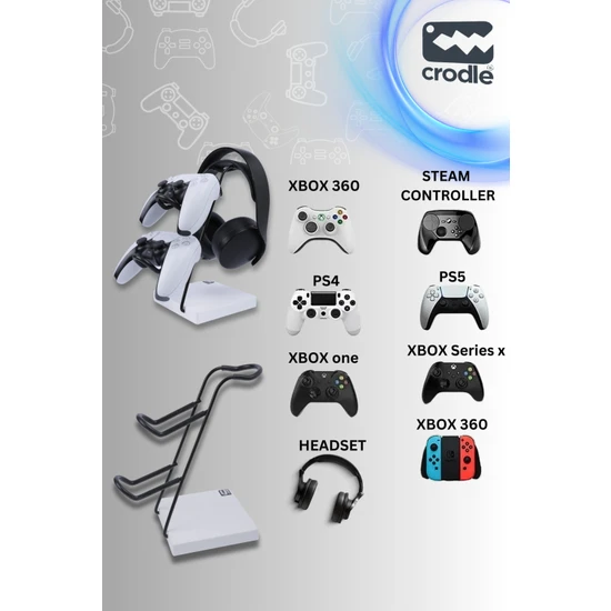 Crodle Beyaz Ahşap ve Siyah Metal Gaming Ps4 Ps5 Xbox Joystick Kontroller Tutucu ve Kulaklık Dikey Standı