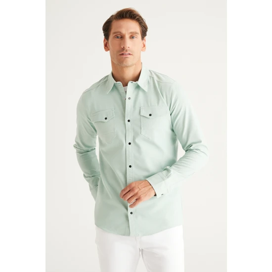 AC&Co / Altınyıldız Classics Erkek Su Yeşili Slim Fit Dar Kesim Klasik Yaka Pamuk Karışımlı Gömlek
