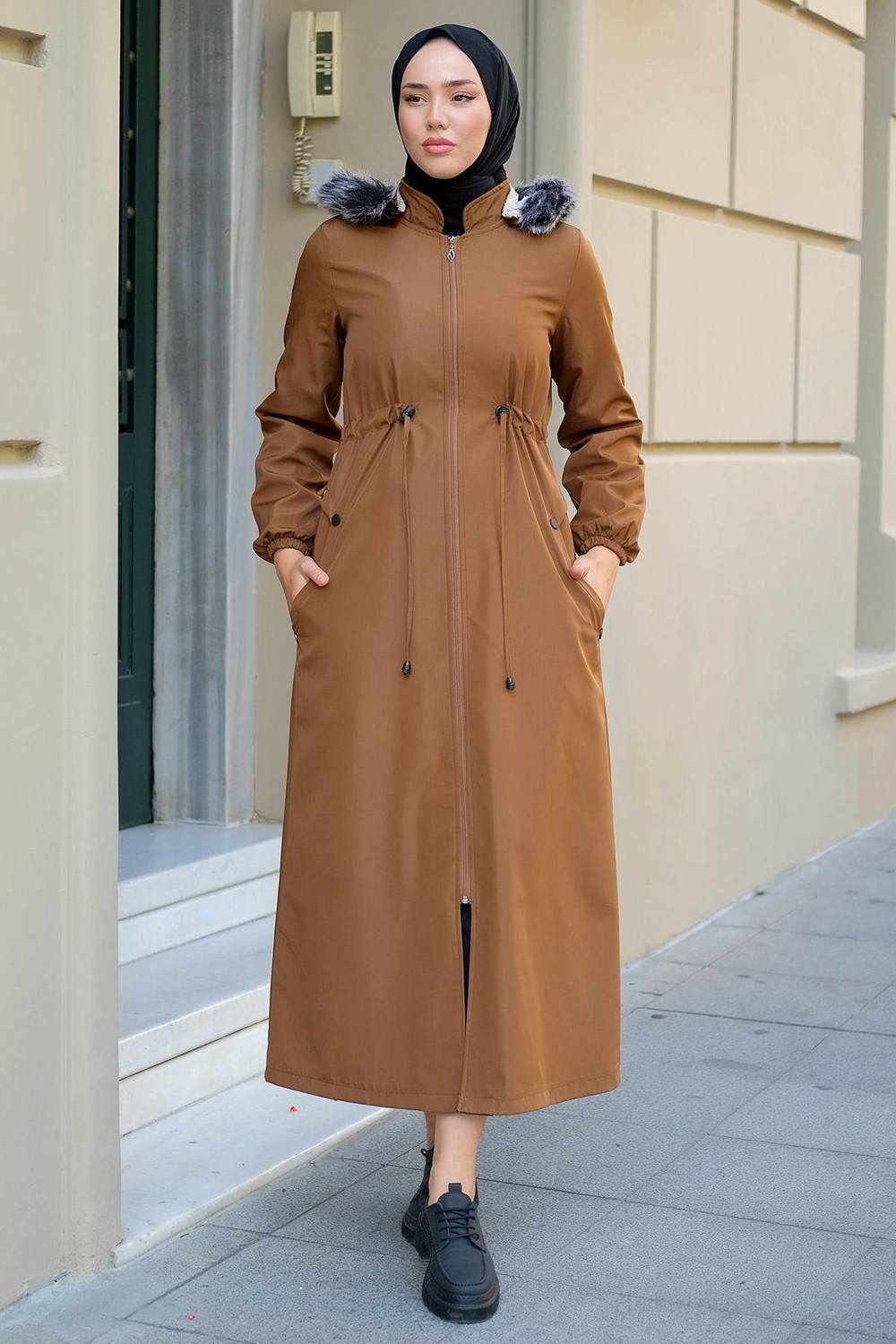 Hafsa Mina Tam Boy Büyük Beden Mont Taba HM2286