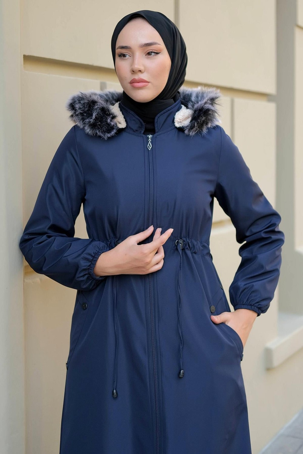 Hafsa Mina Tam Boy Büyük Beden Mont Lacivert HM2286 görsel 3