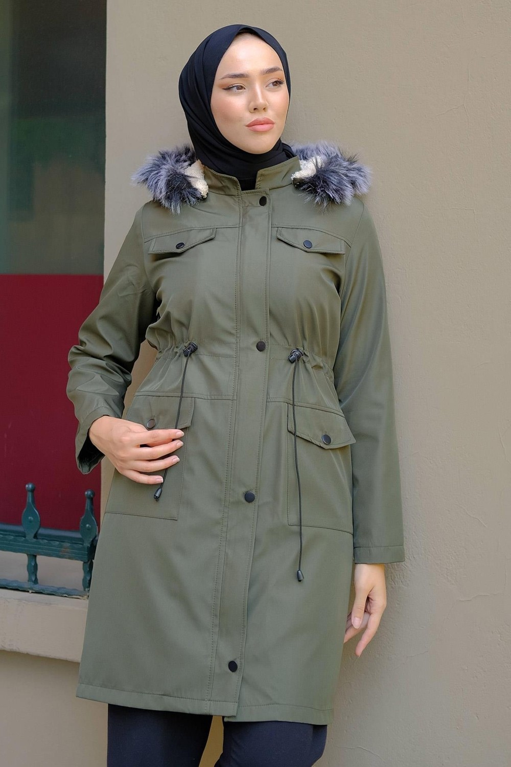 Hafsa Mina Cep Detaylı Mont Haki HM2287 görsel 2