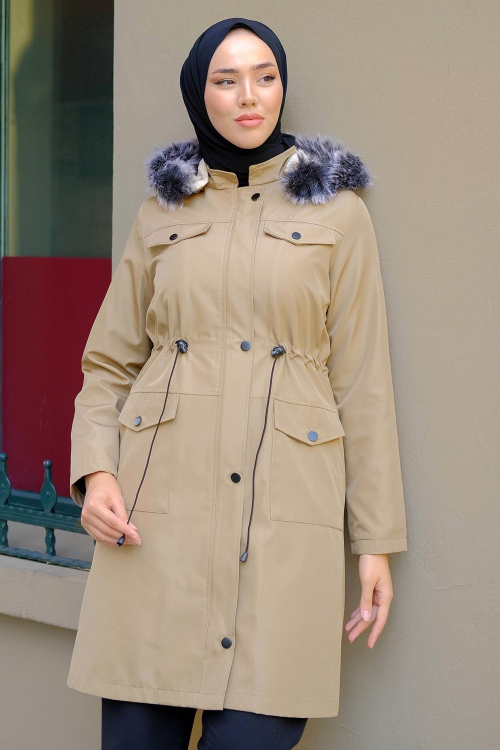 Hafsa Mina Cep Detaylı Mont Bej HM2287 görsel 2