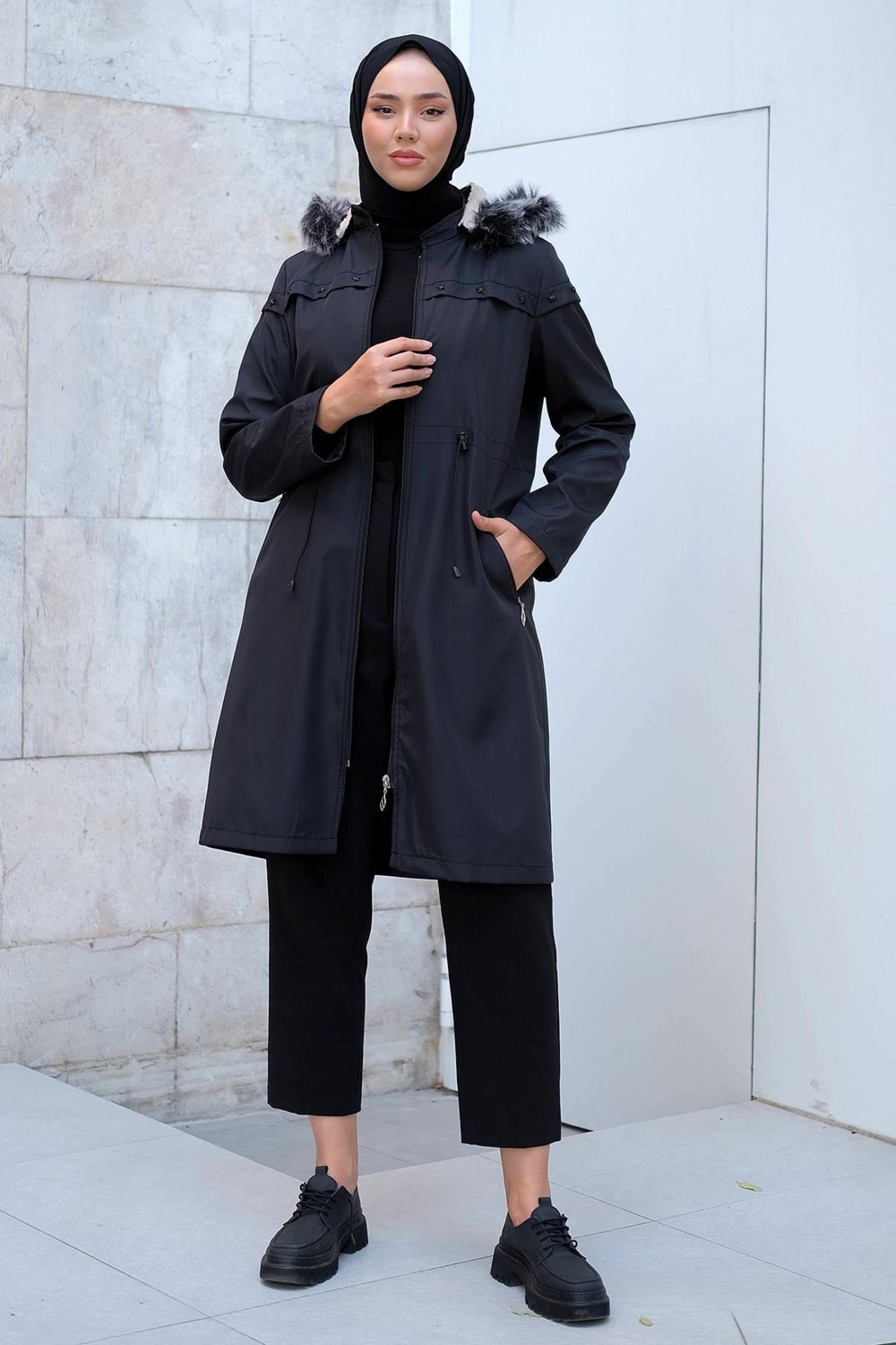 Hafsa Mina Yıldızlı Içi Kürklü Mont Siyah HM2288 görsel 2
