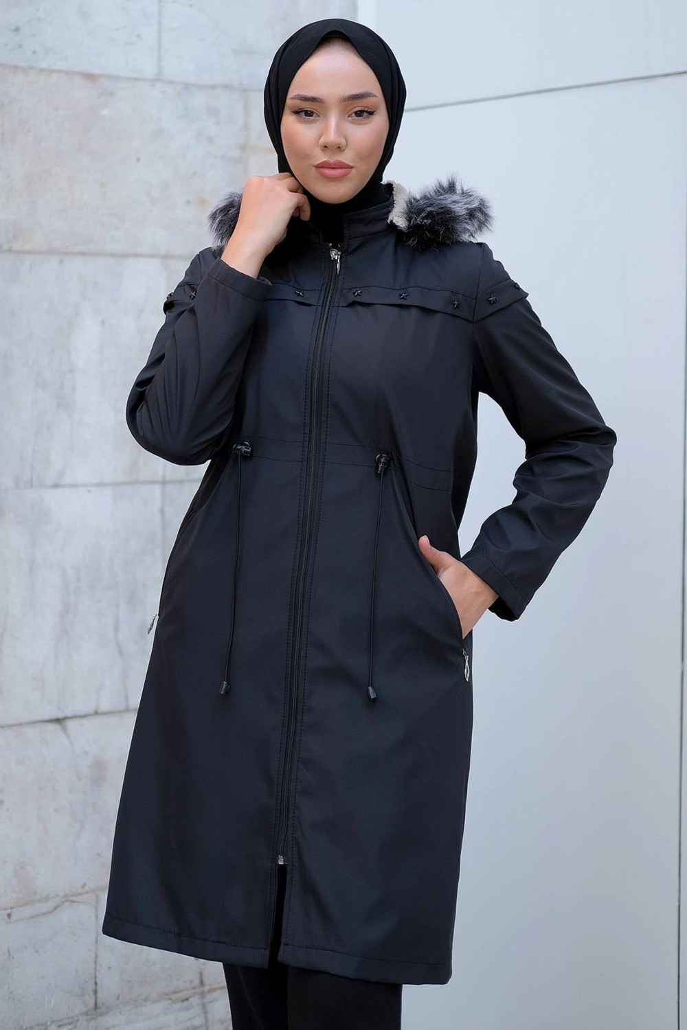 Hafsa Mina Yıldızlı Içi Kürklü Mont Siyah HM2288 görsel 3