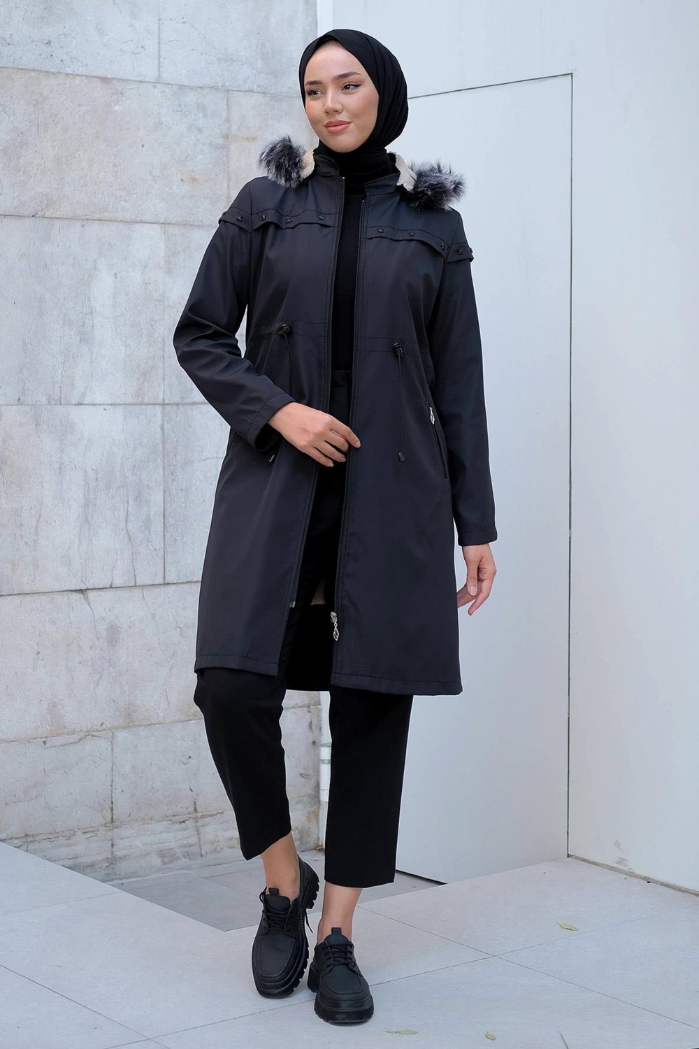 Hafsa Mina Yıldızlı Içi Kürklü Mont Siyah HM2288 görsel 4