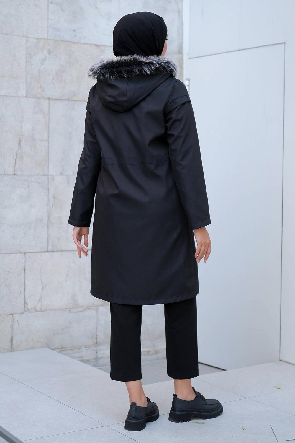 Hafsa Mina Yıldızlı Içi Kürklü Mont Siyah HM2288 görsel 5