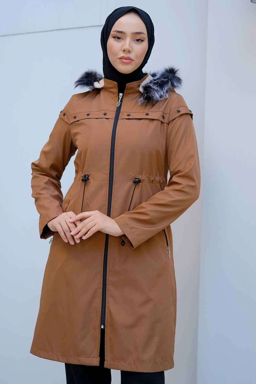 Hafsa Mina Yıldızlı İçi Kürklü Mont Taba HM2288