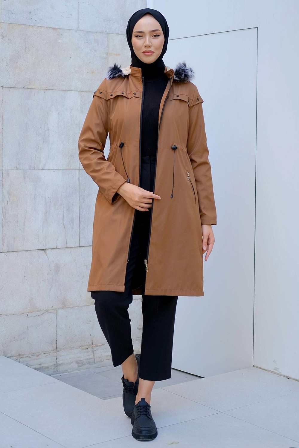Hafsa Mina Yıldızlı İçi Kürklü Mont Taba HM2288 görsel 2