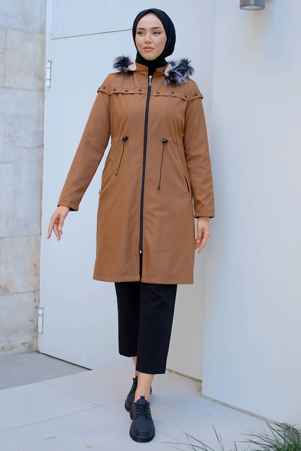 Hafsa Mina Yıldızlı İçi Kürklü Mont Taba HM2288 görsel 3