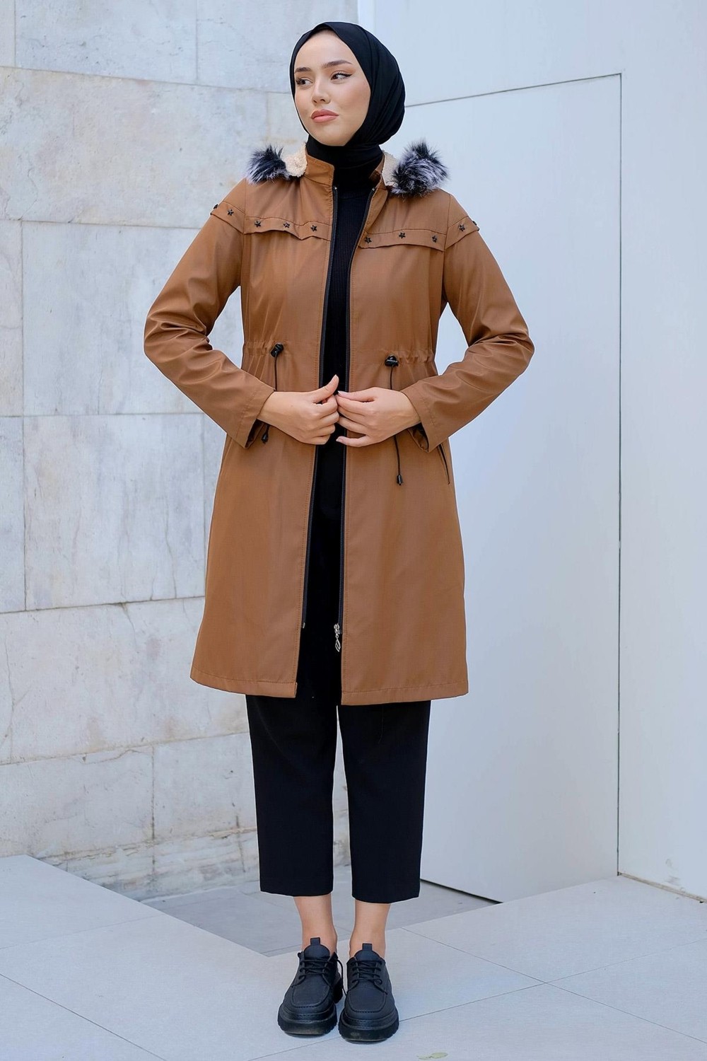 Hafsa Mina Yıldızlı İçi Kürklü Mont Taba HM2288 görsel 4