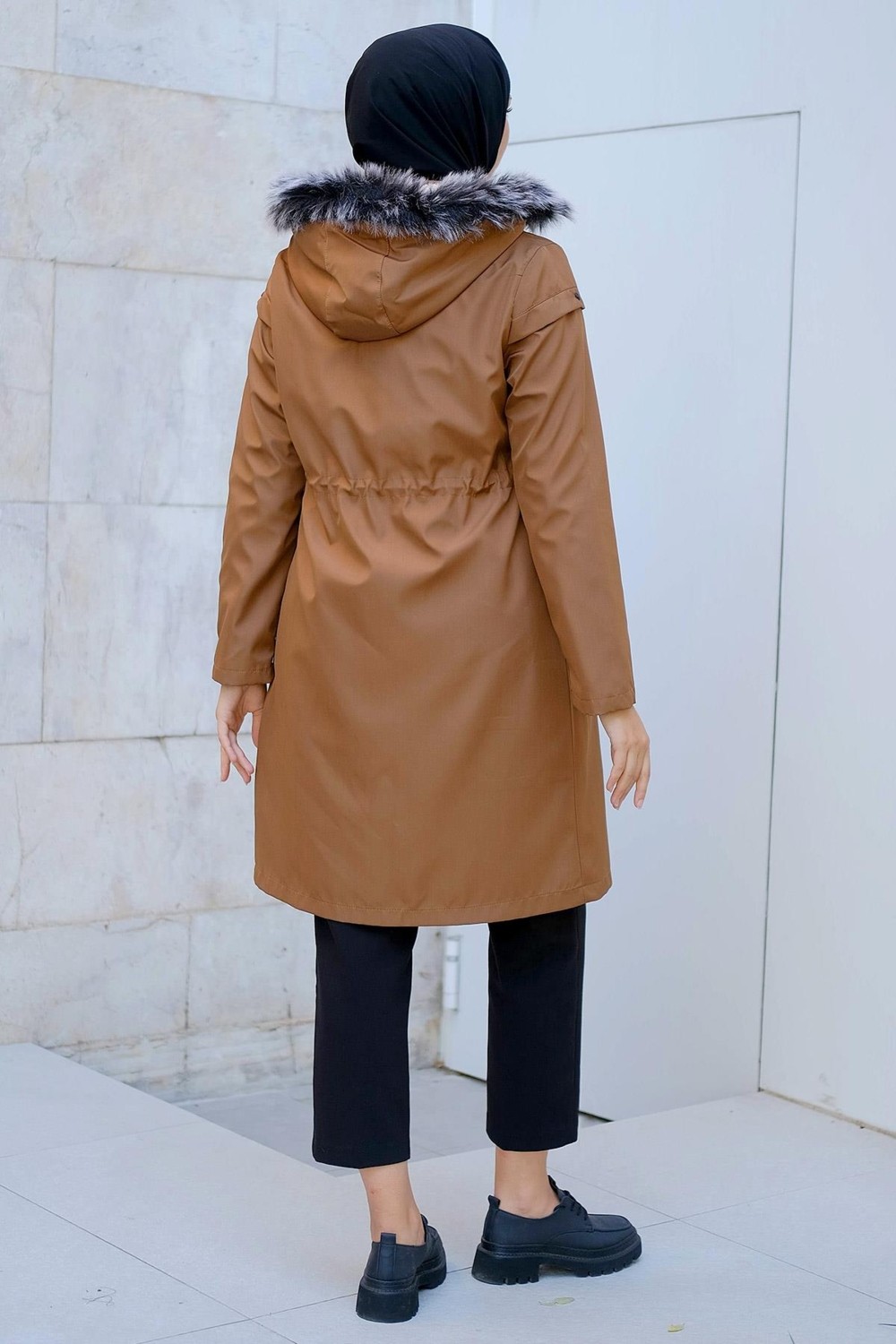 Hafsa Mina Yıldızlı İçi Kürklü Mont Taba HM2288 görsel 5